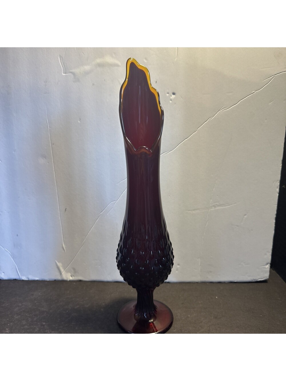 Vintage Fenton Amberina Ruby Red Hobnail Swung Vase 14.5” MCM Art Glass